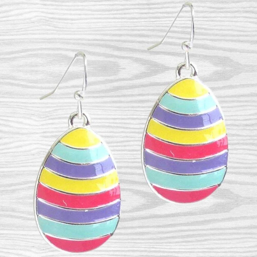 Easter Egg Brightly Striped Hook Style Earrings with Silver Hardware NEW